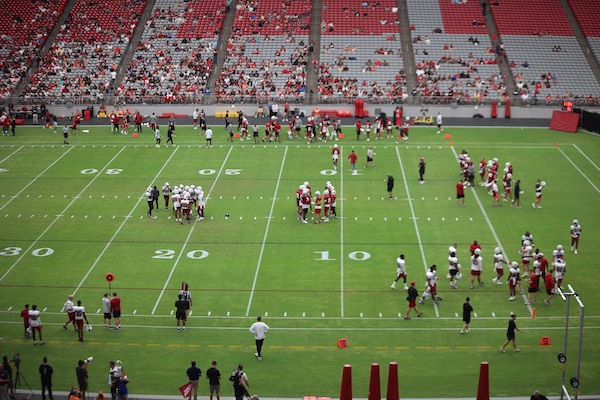 Picture of Arizona Cardinals Training Camp 2023 showing team on the field and fans in the stands.