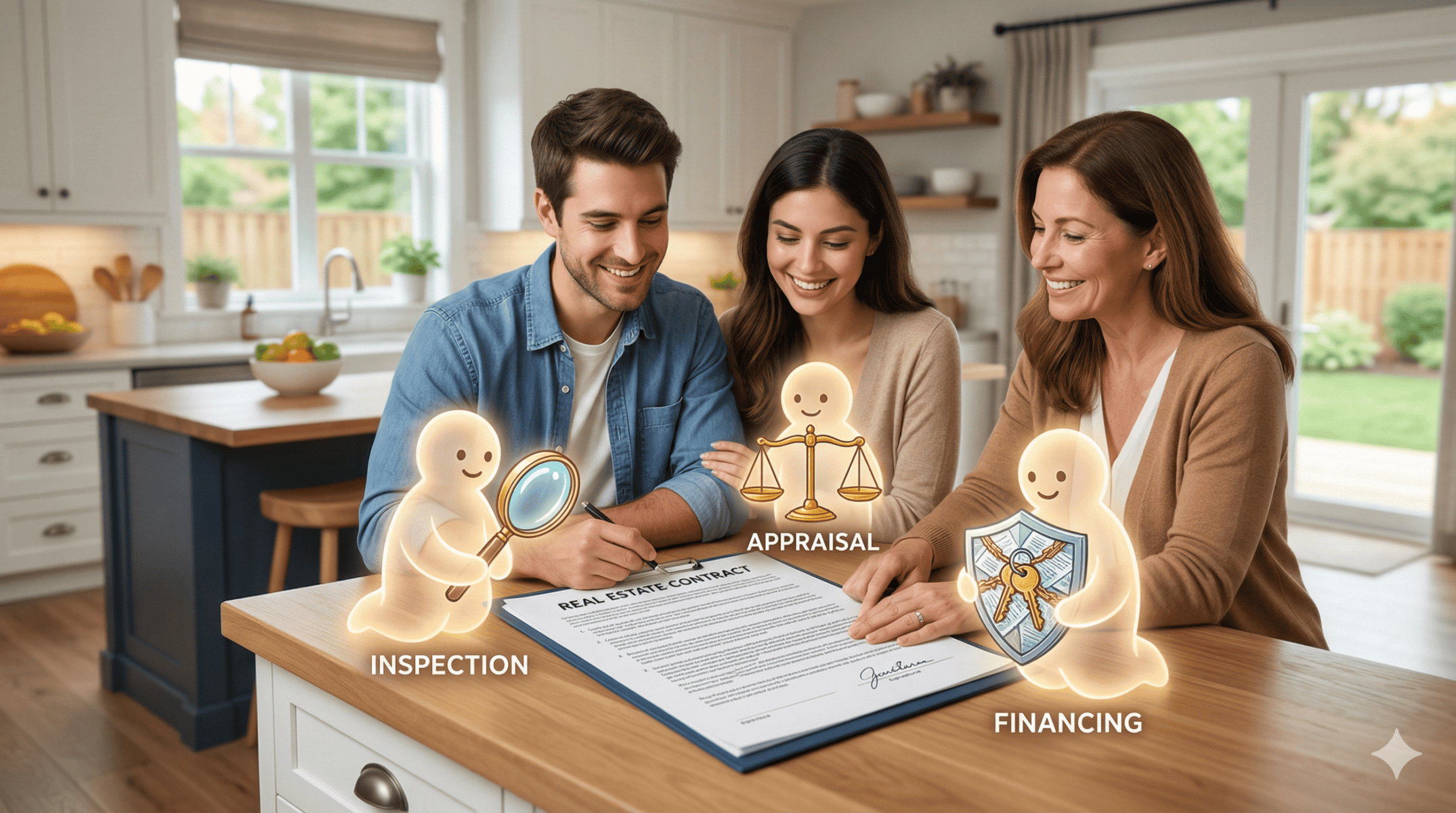 Real Estate contract with three contingencies - inspection, appraisal, and financing pictured.