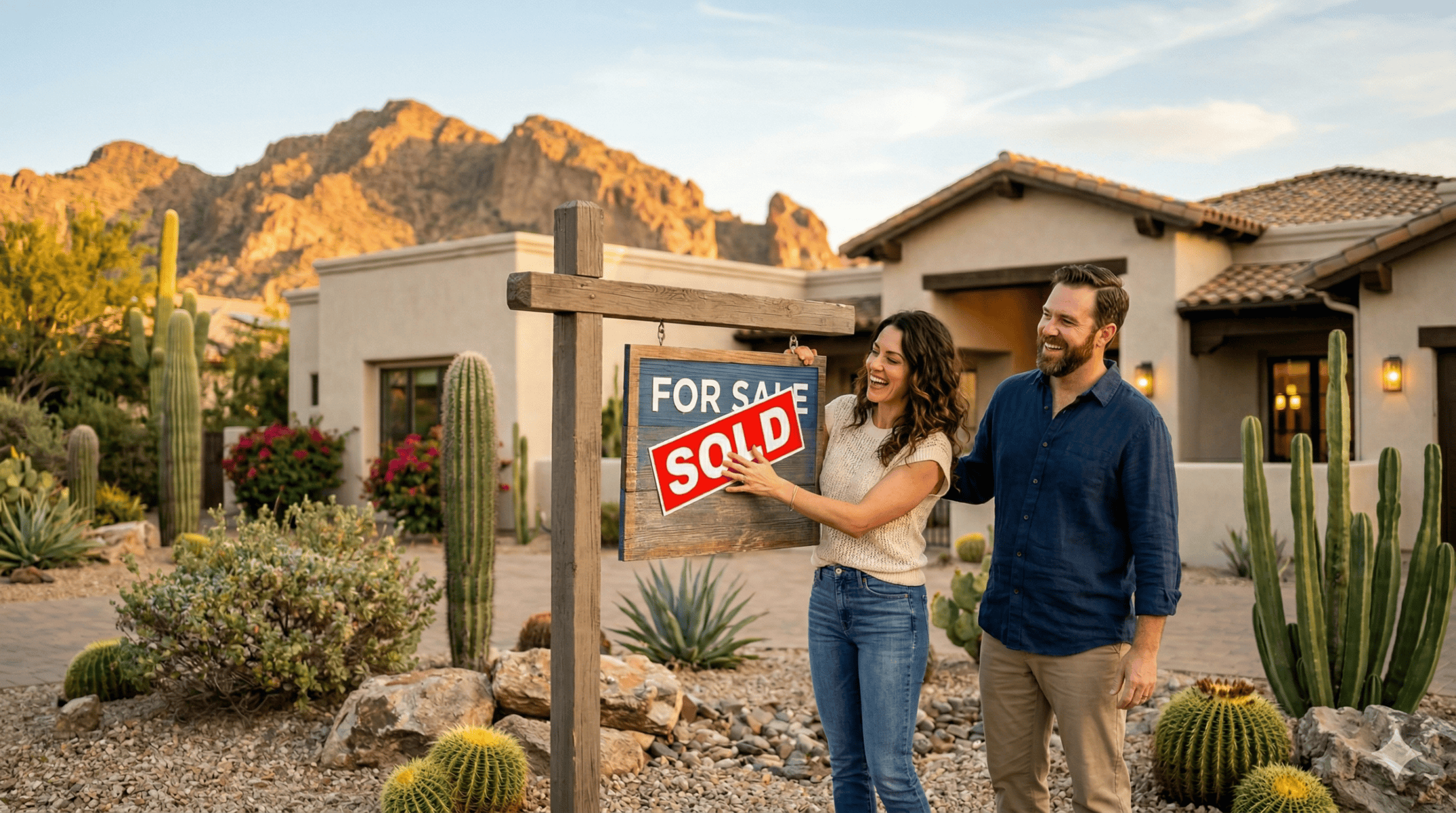 Scottsdale Home Sellers putting a Sold Sign up in front of their house.