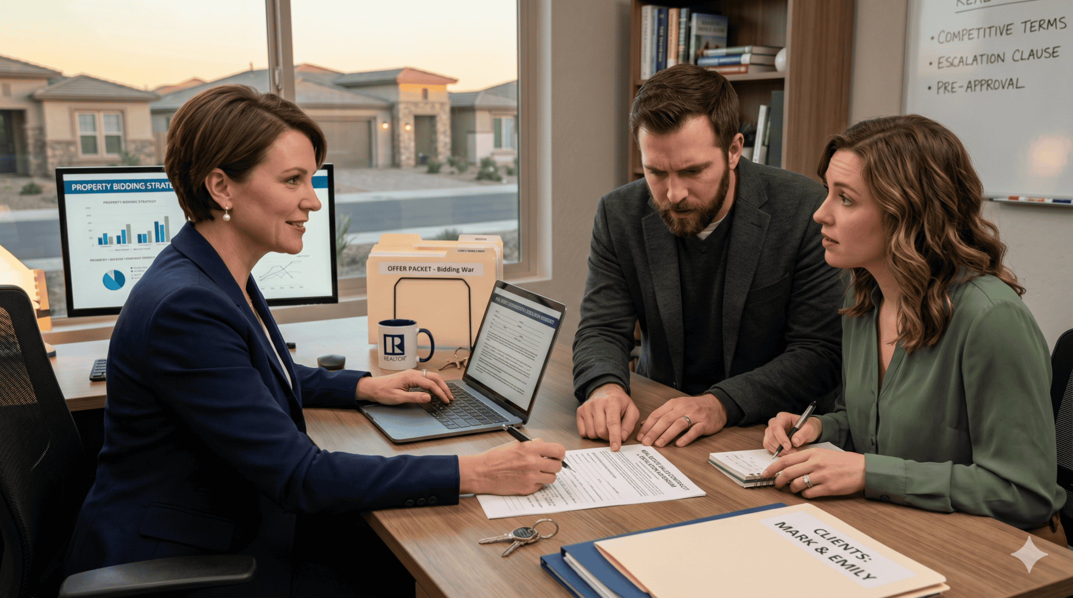 Realtor writing a winning contract for a couple wanting to buy a home in Scottsdale, AZ