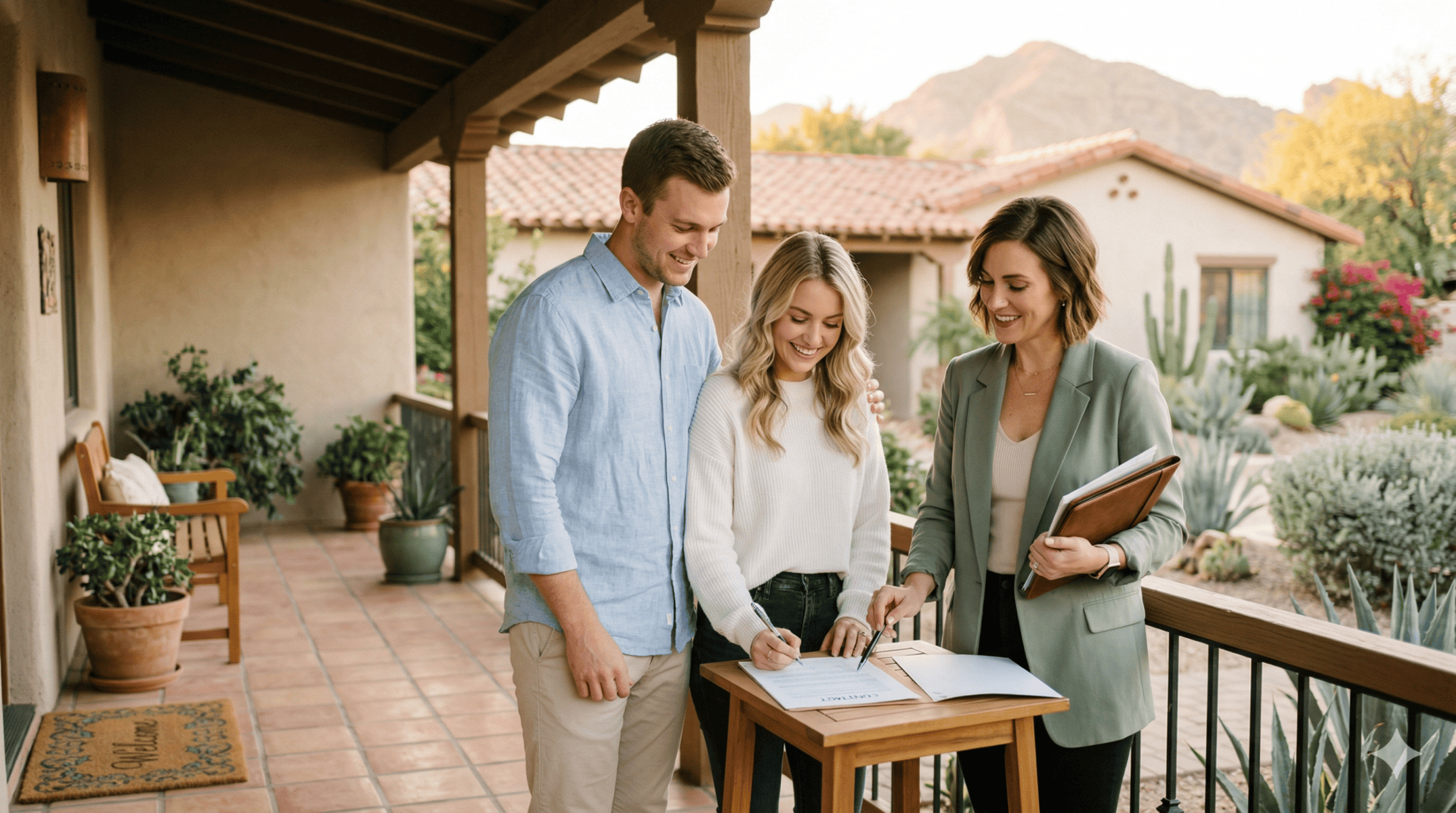 A couple reviewing documents with a realtor on the front porch of a Scottsdale home
